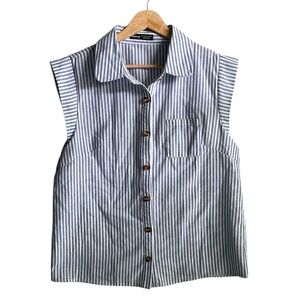 Striped Blue Sleeveless Cap Sleeve Button-Up Shirt